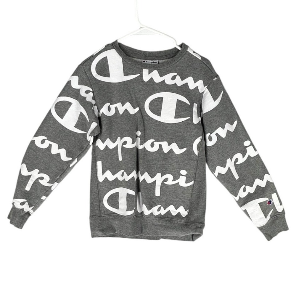 Champion Gray Sweatshirt All Over White Logo Print Slim Fit Women's Size Large
